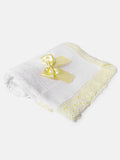 Baby Open Dot Knitted Spanish Blanket with Bow- white with lemon  trim