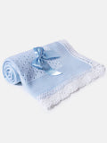 Baby Open Dot Knitted Spanish Blanket with Bow- blue with white trim