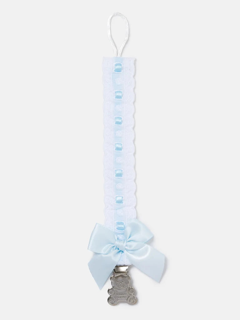 Teddy Bear Dummy Clip — Blue Ribbon & Bow