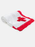 Baby Open Dot Knitted Spanish Blanket with Bow  white with red trim