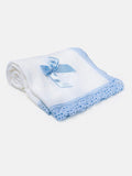 Baby Open Dot Knitted Spanish Blanket with Bow-  white with blue
