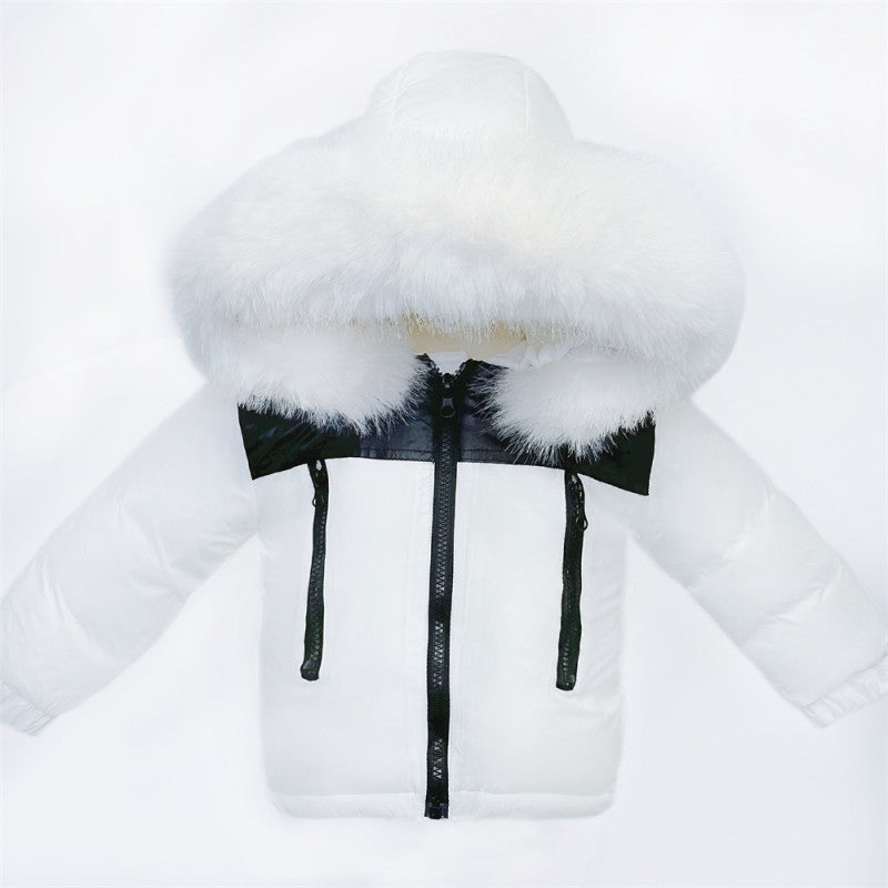 White & black Boys Hooded Jacket with Faux fur Trim