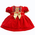 Red Velvet Puffball Dress with Tartan & Gold Bow
