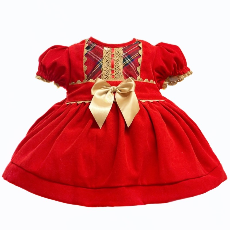 Red Velvet Puffball Dress with Tartan & Gold Bow