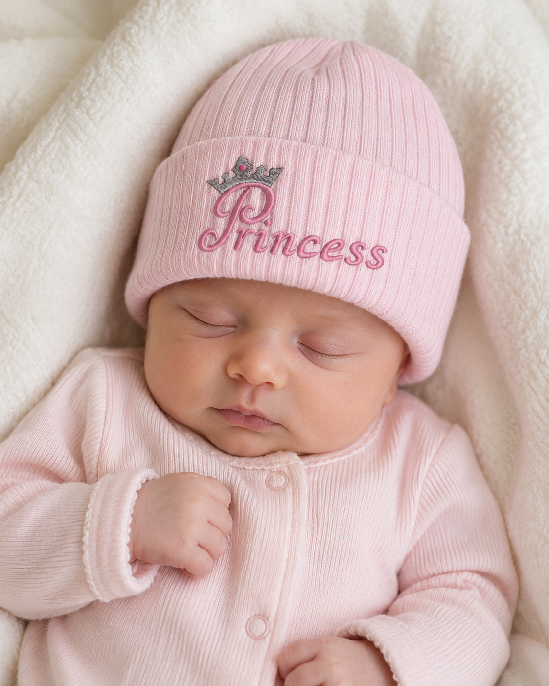 Pink Princess Crown Ribbed Beanie Hat