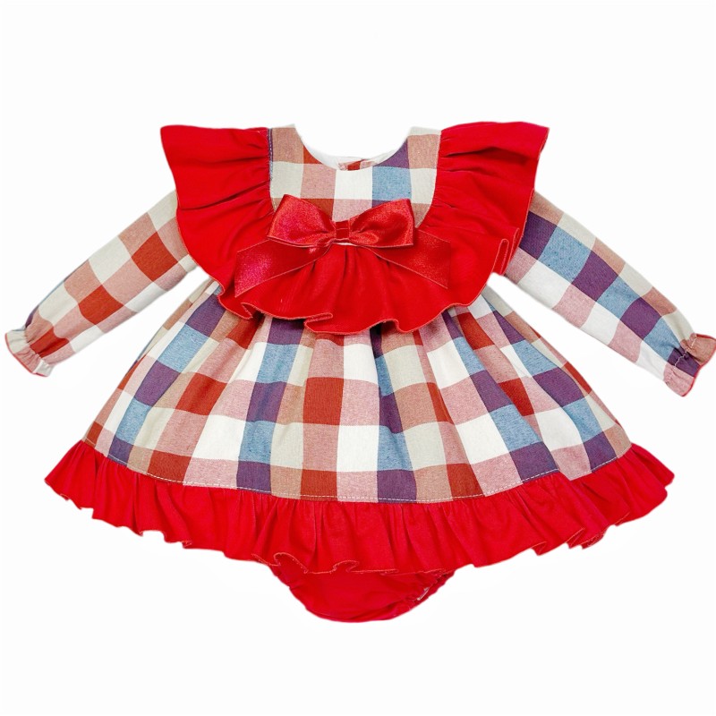 Red Check Dress & Trouser Set with Big Collar