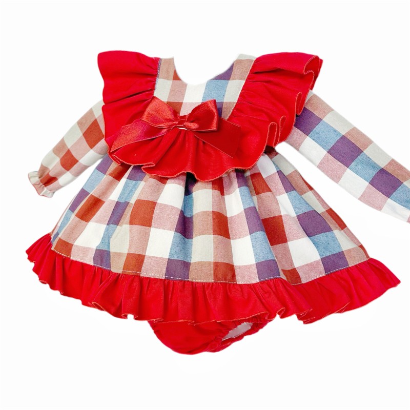Red Check Dress & Trouser Set with Big Collar