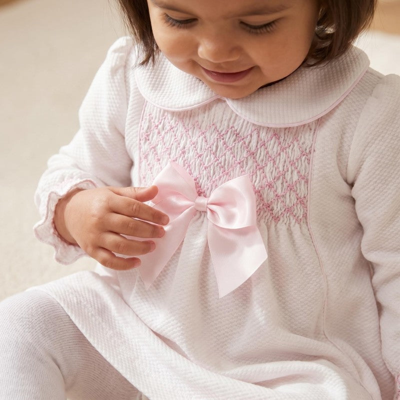 Pink Smocked Long Sleeve Dress with Bow