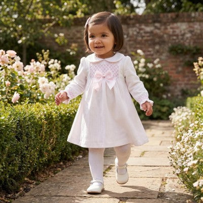 Pink Smocked Long Sleeve Dress with Bow