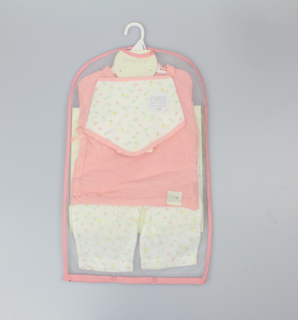 Baby Girl Pink Layette Gift Set — Trousers, Top & Bandana Bib