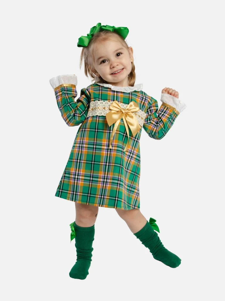 Green Tartan Dress with Gold Bow