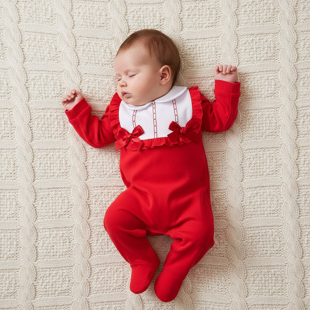 Baby Girl Red Cotton All-in-One Sleepsuit | Peter Pan Collar & Bow Detail