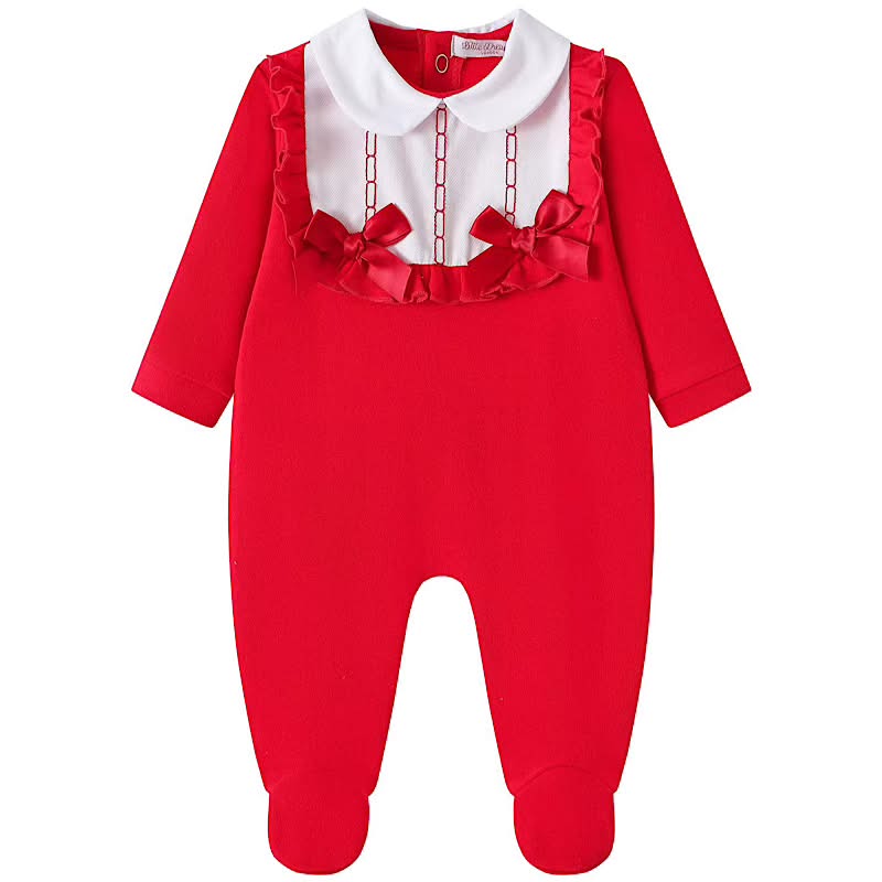 Baby Girl Red Cotton All-in-One Sleepsuit | Peter Pan Collar & Bow Detail