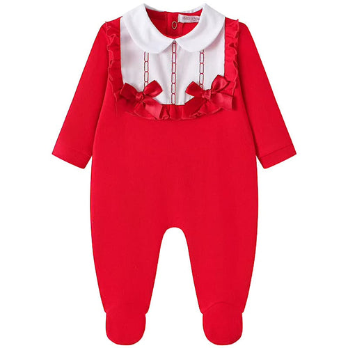 Baby Girl Red Cotton All-in-One Sleepsuit | Peter Pan Collar & Bow Detail