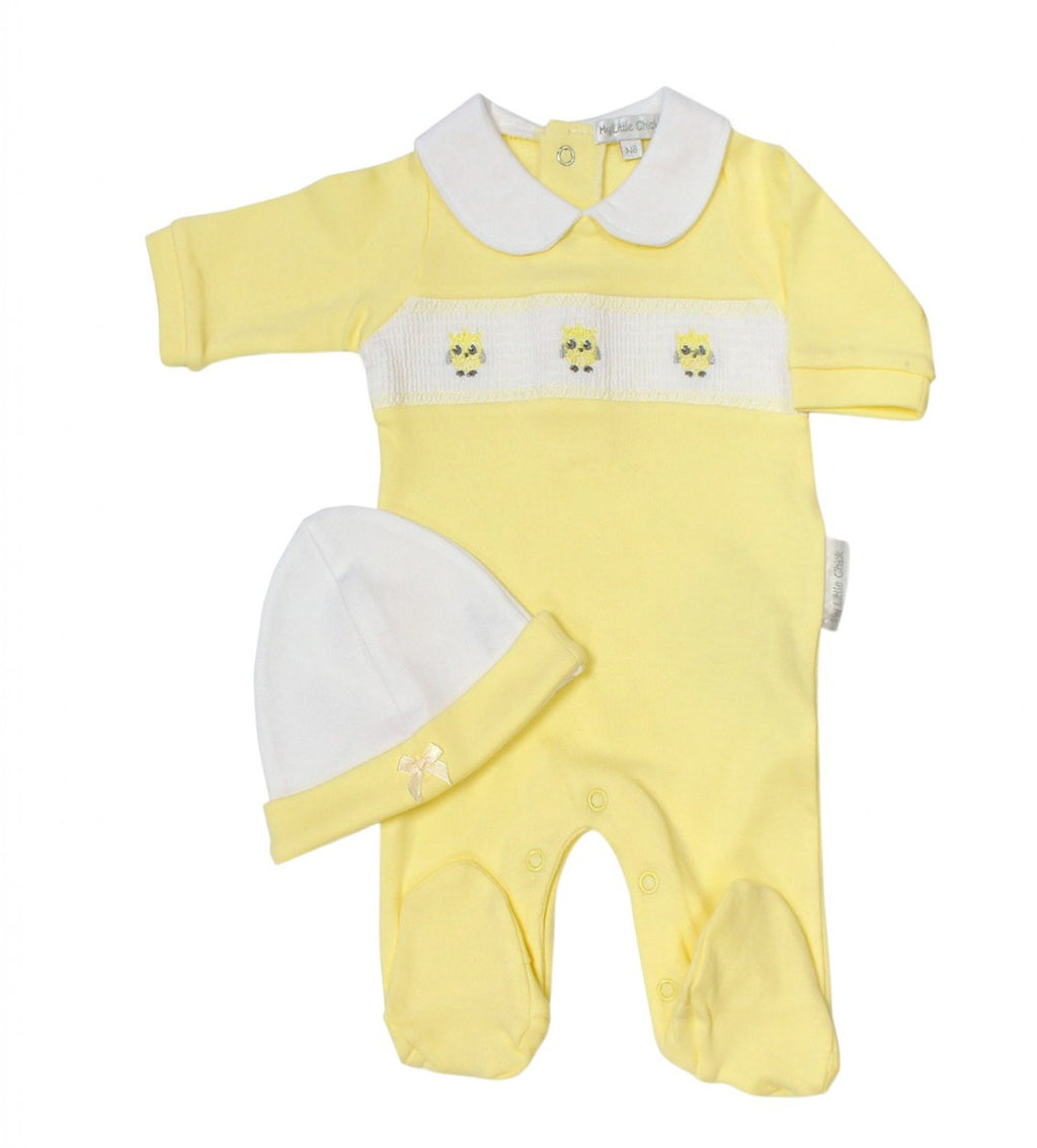 Owl Smocked All-in-One & Hat Set