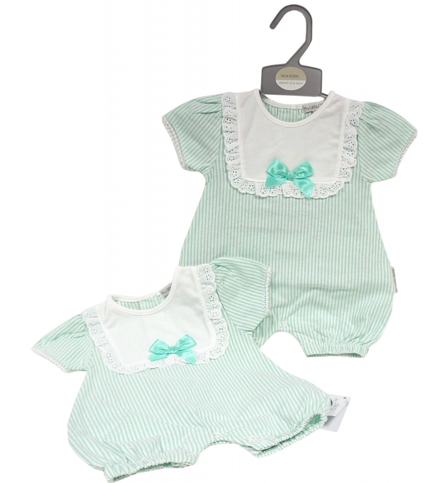 My Little Chick Baby Girls' Mint Green Striped Romper with Bow & Lace