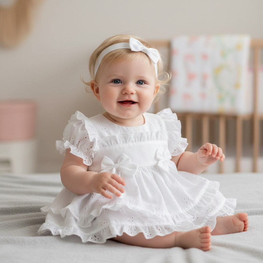 My Little Chick Baby Girls' White Tiered Broderie Anglaise Dress Set