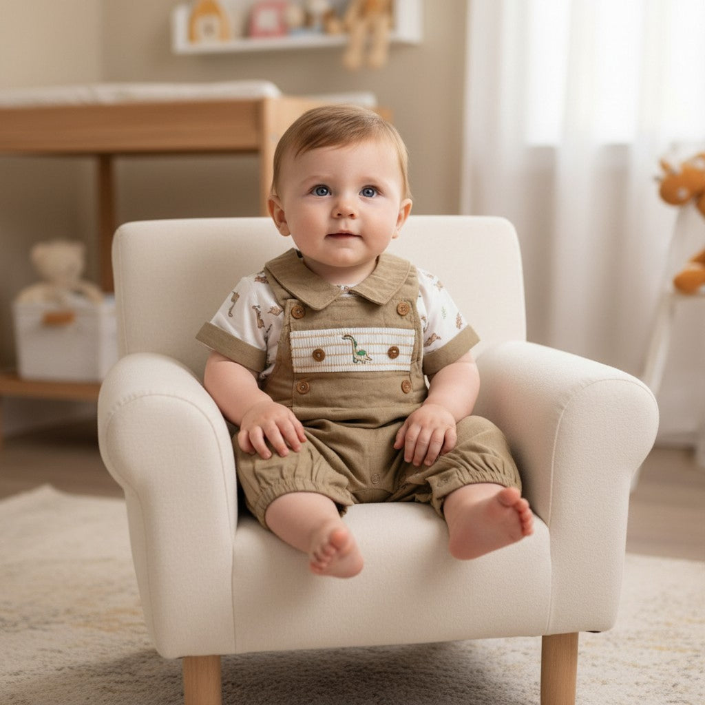 Smocked Dinosaur Linen Dungaree Set