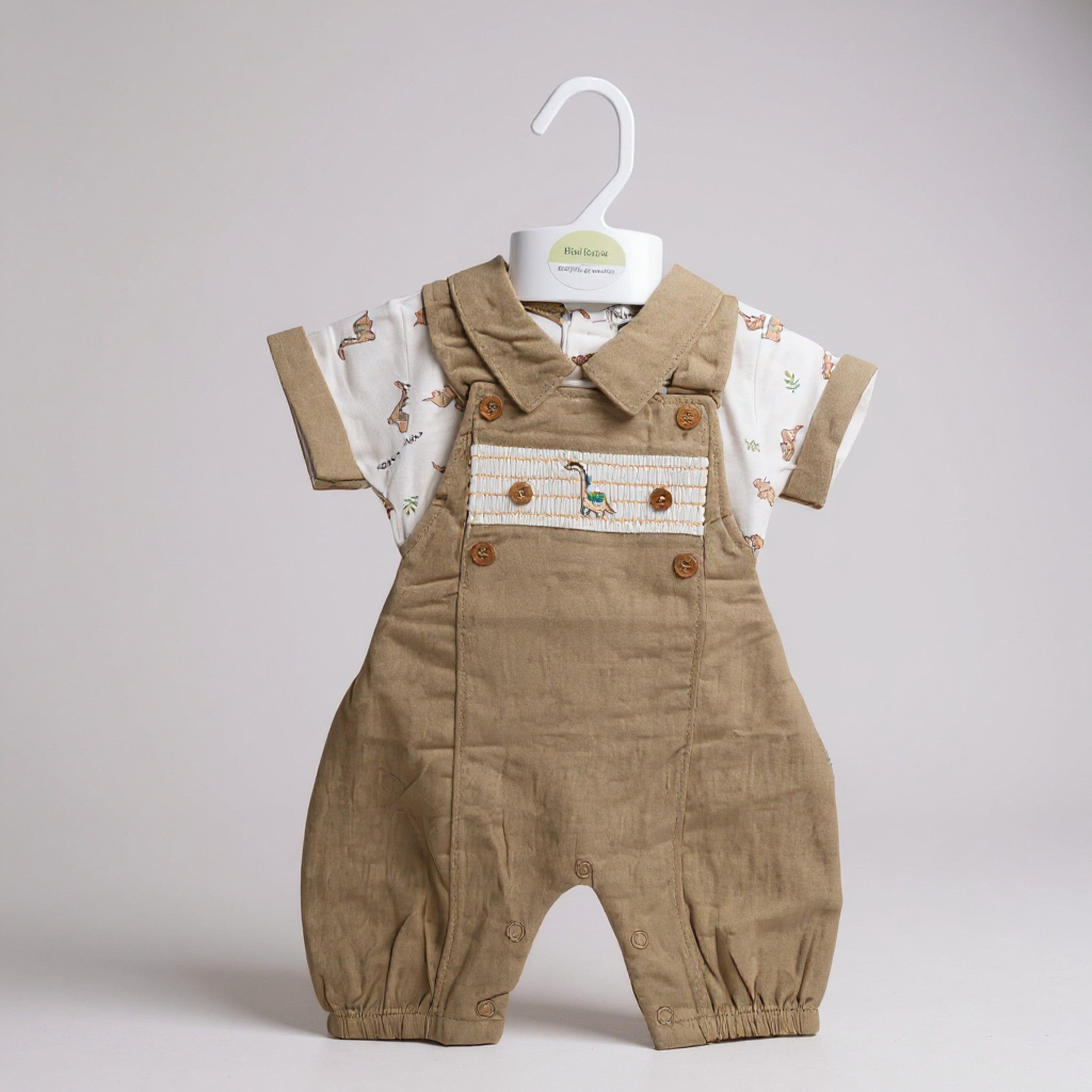 Smocked Dinosaur Linen Dungaree Set