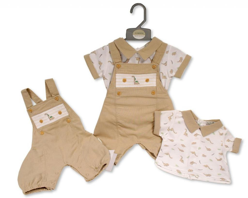 Smocked Dinosaur Linen Dungaree Set