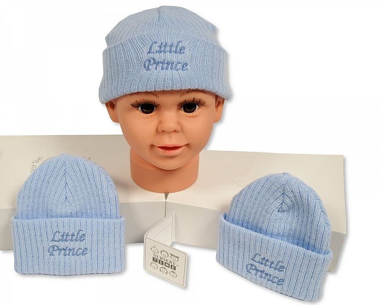Baby Boy Knitted 'Little Prince' Beanie Hat | Sky Blue | 0–3 Months