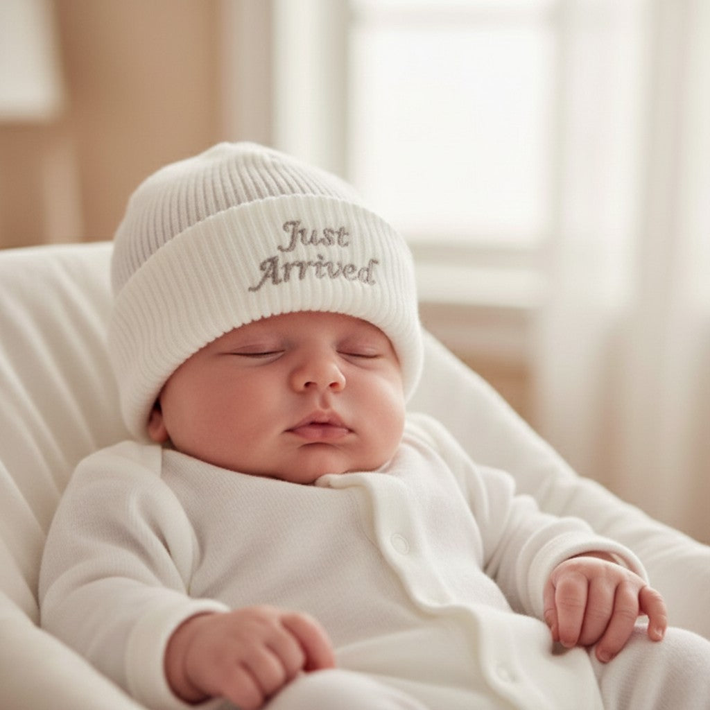Baby 'Just Arrived' Knitted Beanie Hat | White | Newborn 0–3 Months
