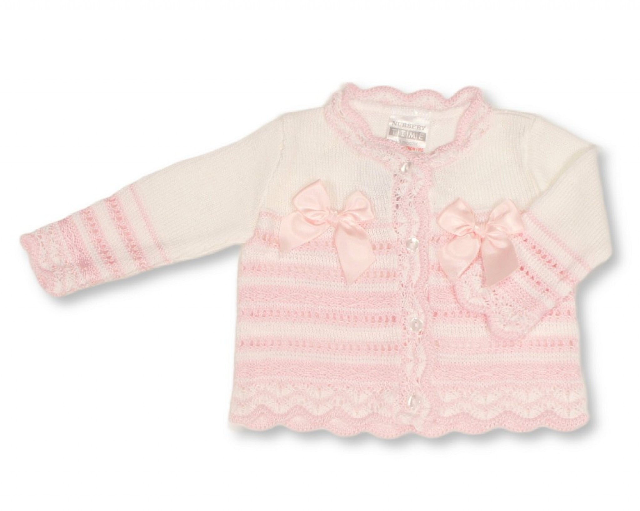 Nursery Time Baby Girl Cardigan — White with Pink Stripes & Bows
