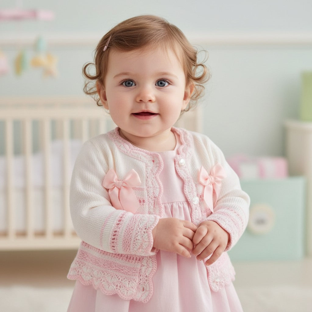Nursery Time Baby Girl Cardigan — White with Pink Stripes & Bows