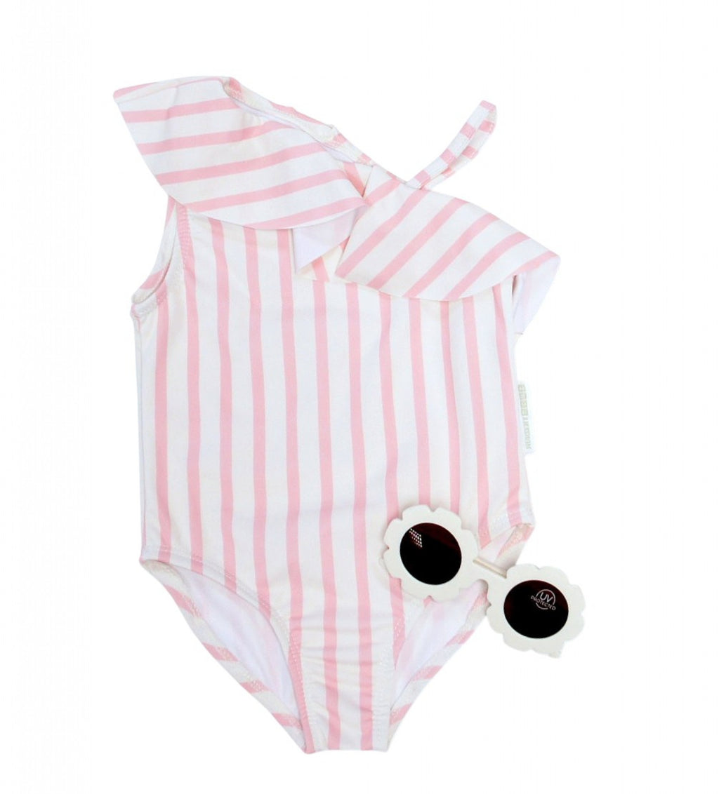 Girls' Pink Striped Swimsuit Set with Sunglasses
