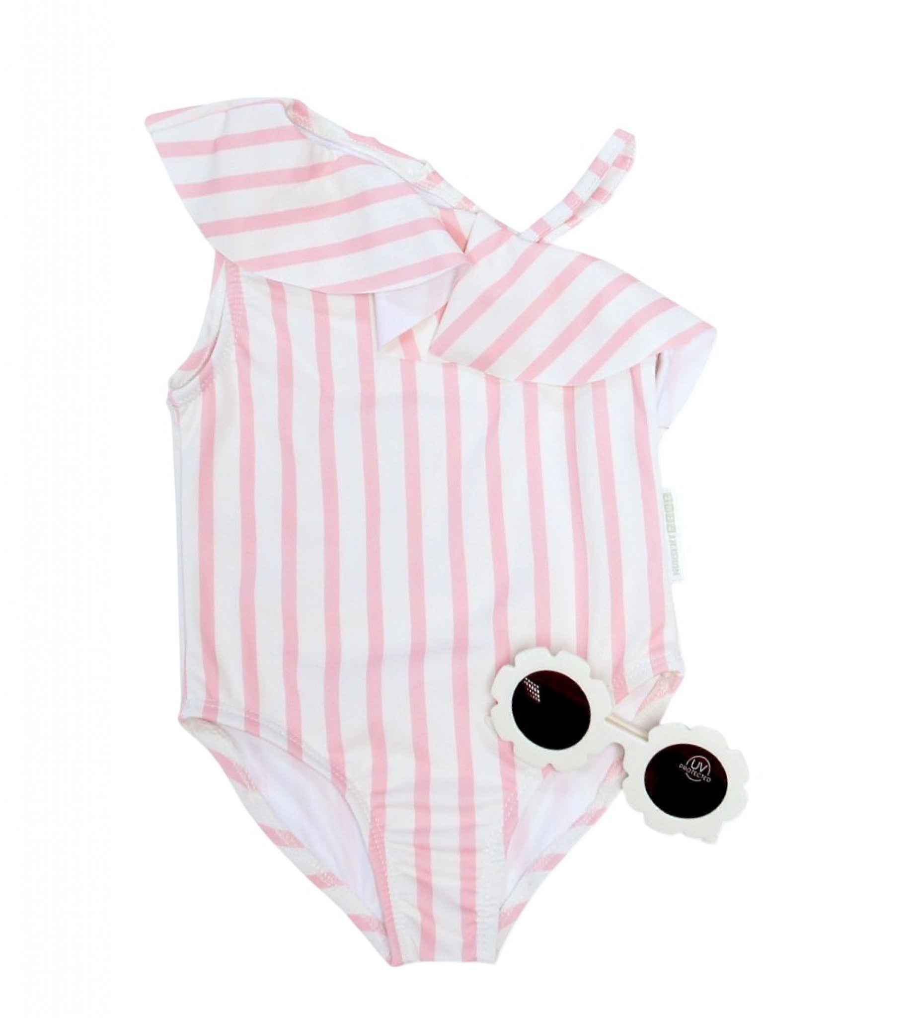 Girls' Pink Striped Swimsuit Set with Sunglasses