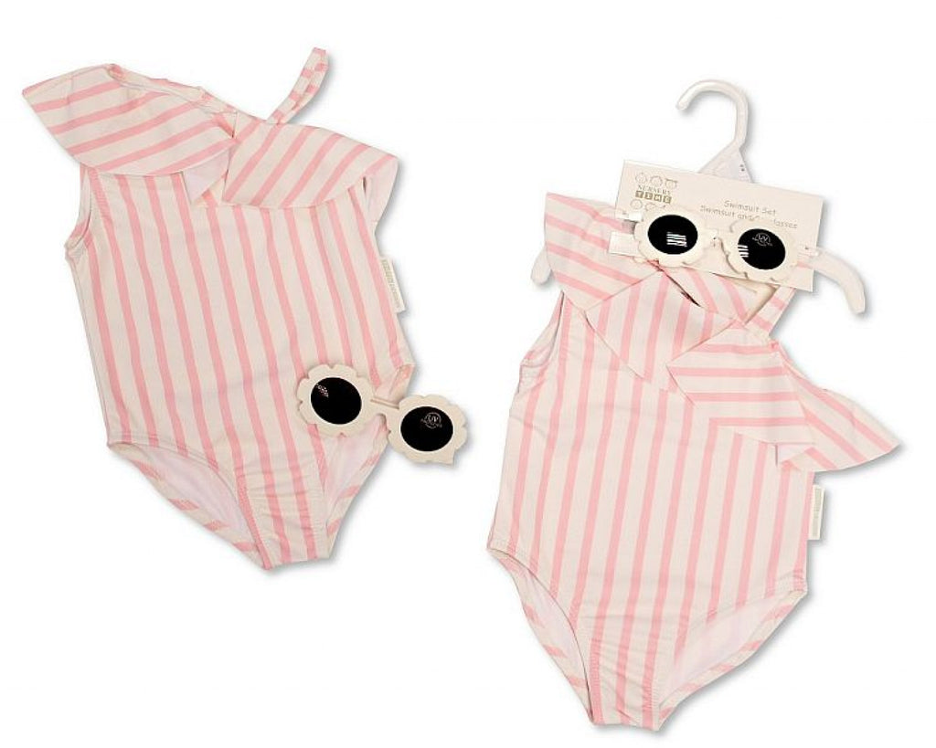 Girls' Pink Striped Swimsuit Set with Sunglasses
