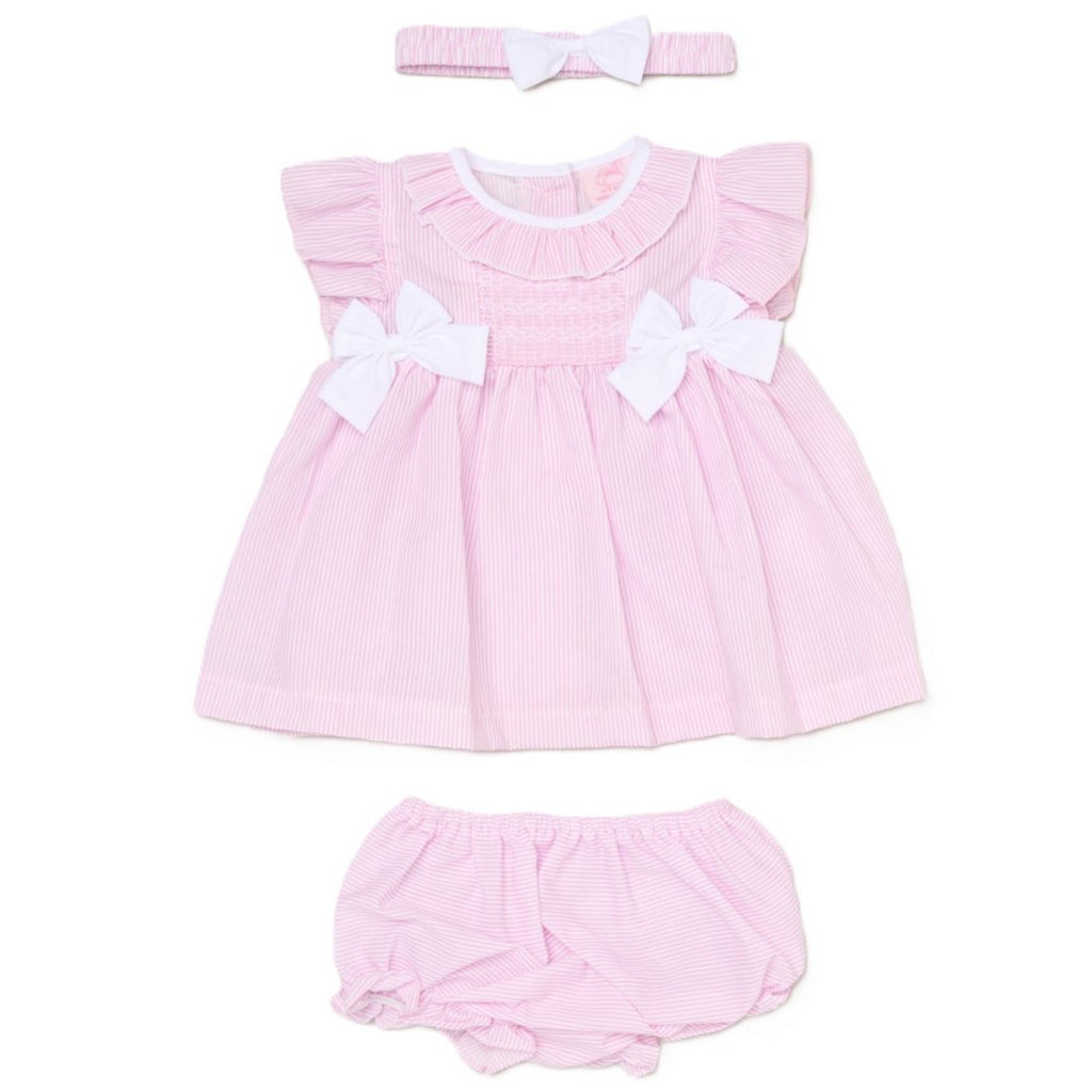 Pink Striped Bow Detail Dress Set with Matching Knickers & Headband