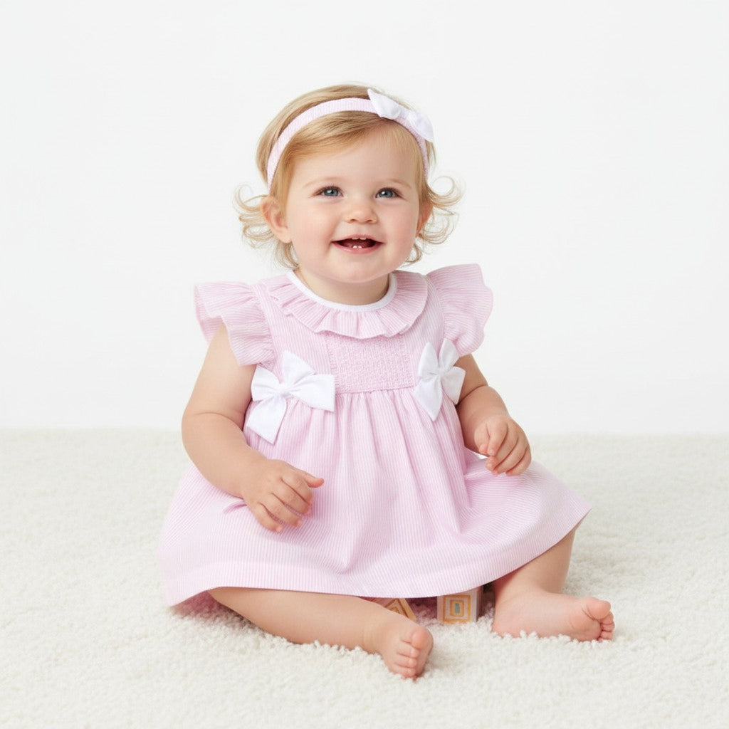 Pink Striped Bow Detail Dress Set with Matching Knickers & Headband