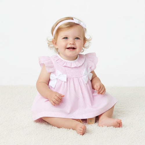 - Pink Striped Bow Detail Dress Set with Matching Knickers & Headband