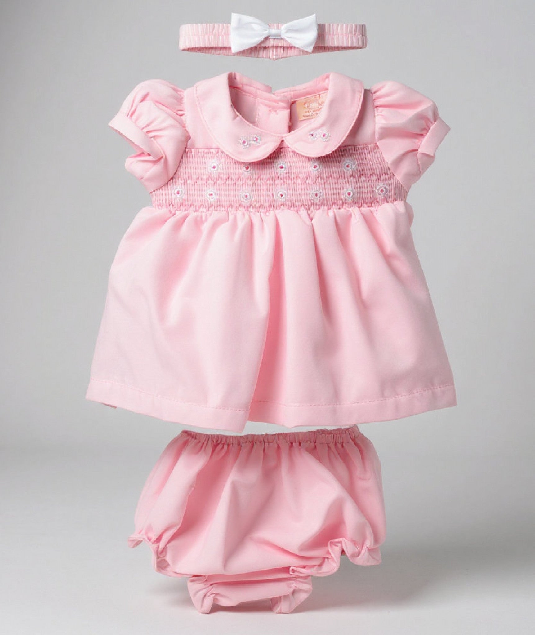 Pink Smocked Dress Set with Matching Knickers & Headband