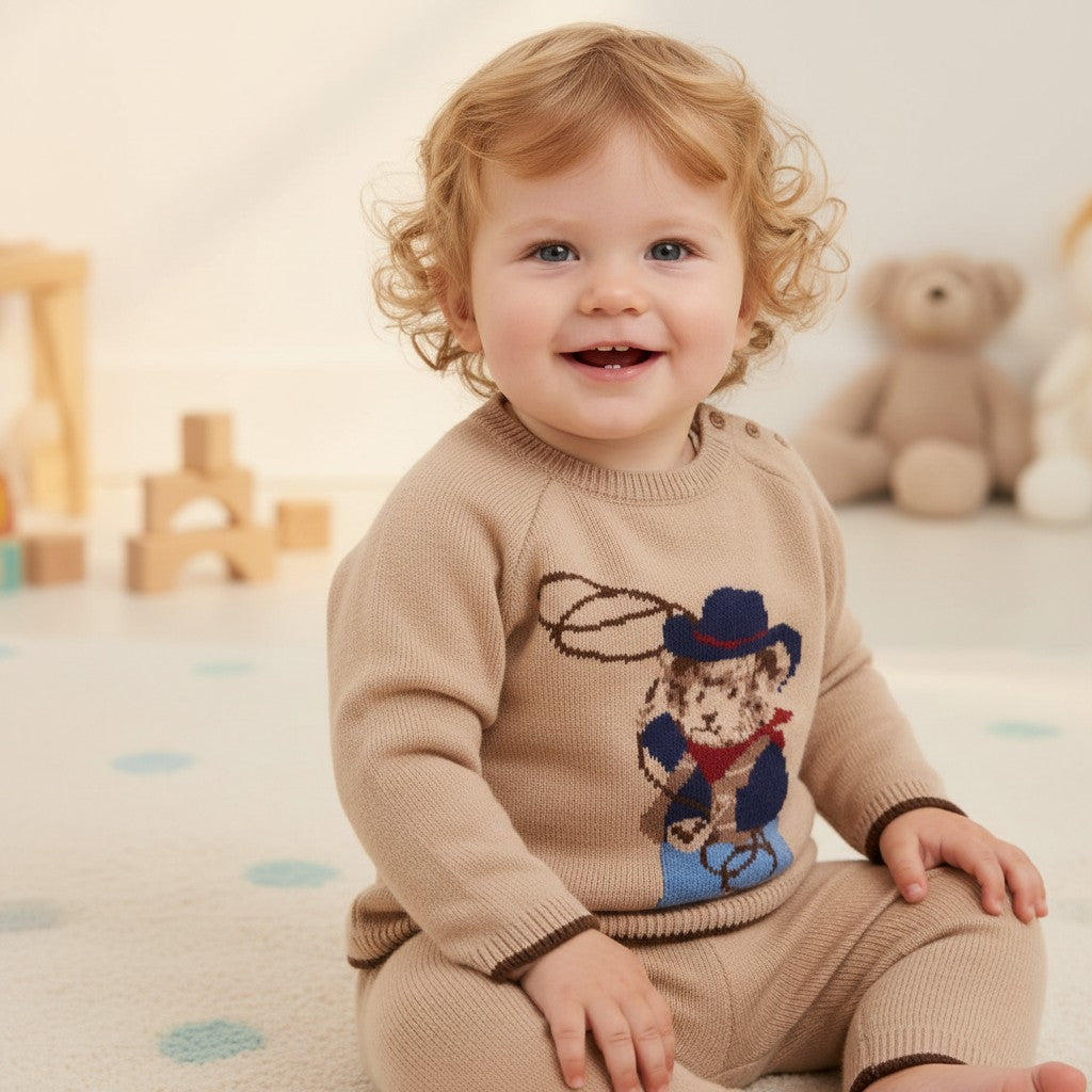 Baby Boy Knit Cowboy Teddy Bear Jumper & Trousers Set | 0–12 Months
