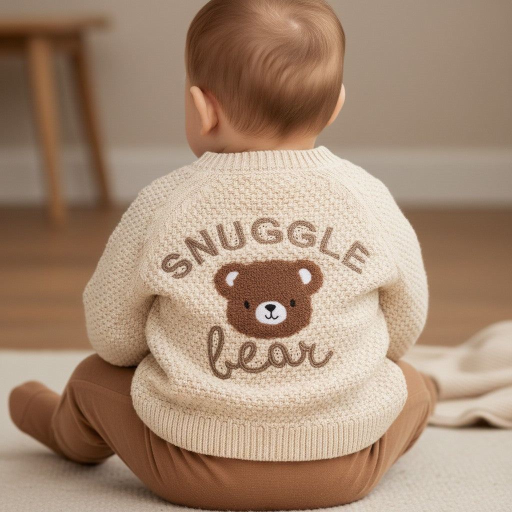 Baby Snuggle Bear Knitted Cardigan | Contrast Buttons & Bear Appliqué | 0–12 Months