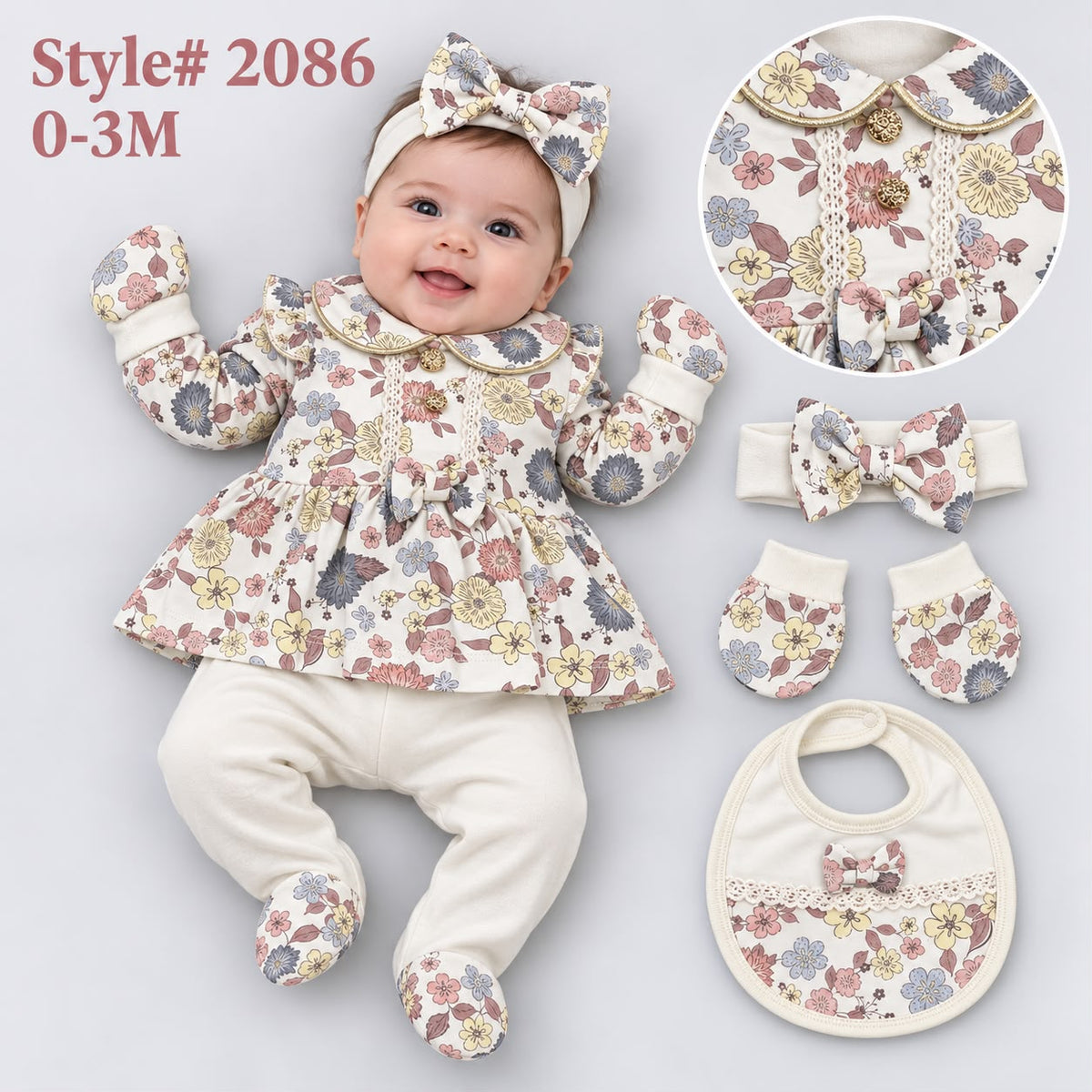 Baby Girls’ 5-Piece Spanish Floral Lace Set, 0–3 Months