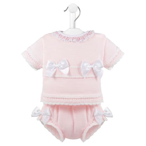 Girls Satin Bow Knitted Top & Bloomer Set