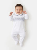 White All-in-One with Navy Smocking