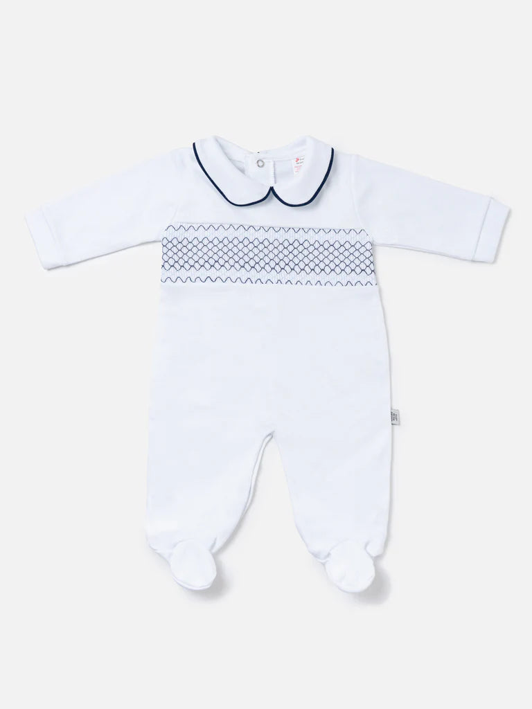 White All-in-One with Navy Smocking