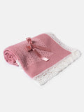 Baby Open Dot Knitted Spanish Blanket with Bow-  dusky pink with white trim