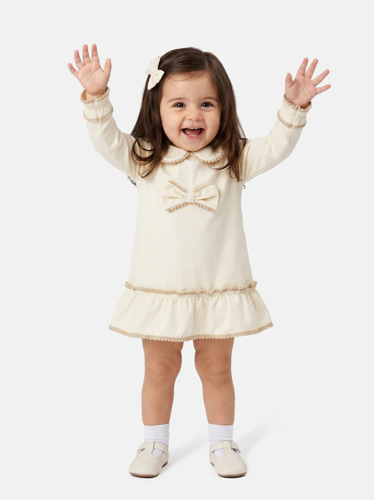 Eliana Ruffle Trim Bow Dress – Beige