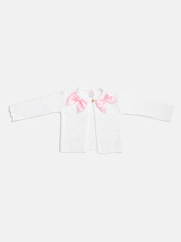 White Cardigan with Pink Bow Detail