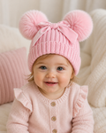 Pink Double Pom Pom Hat with Bow
