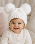 White Double Pom Pom Hat with Bow